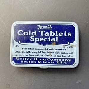 Vtg Rexall Cold Tablets Blue Medicine Tin United Drug Company Empty Insert Paper